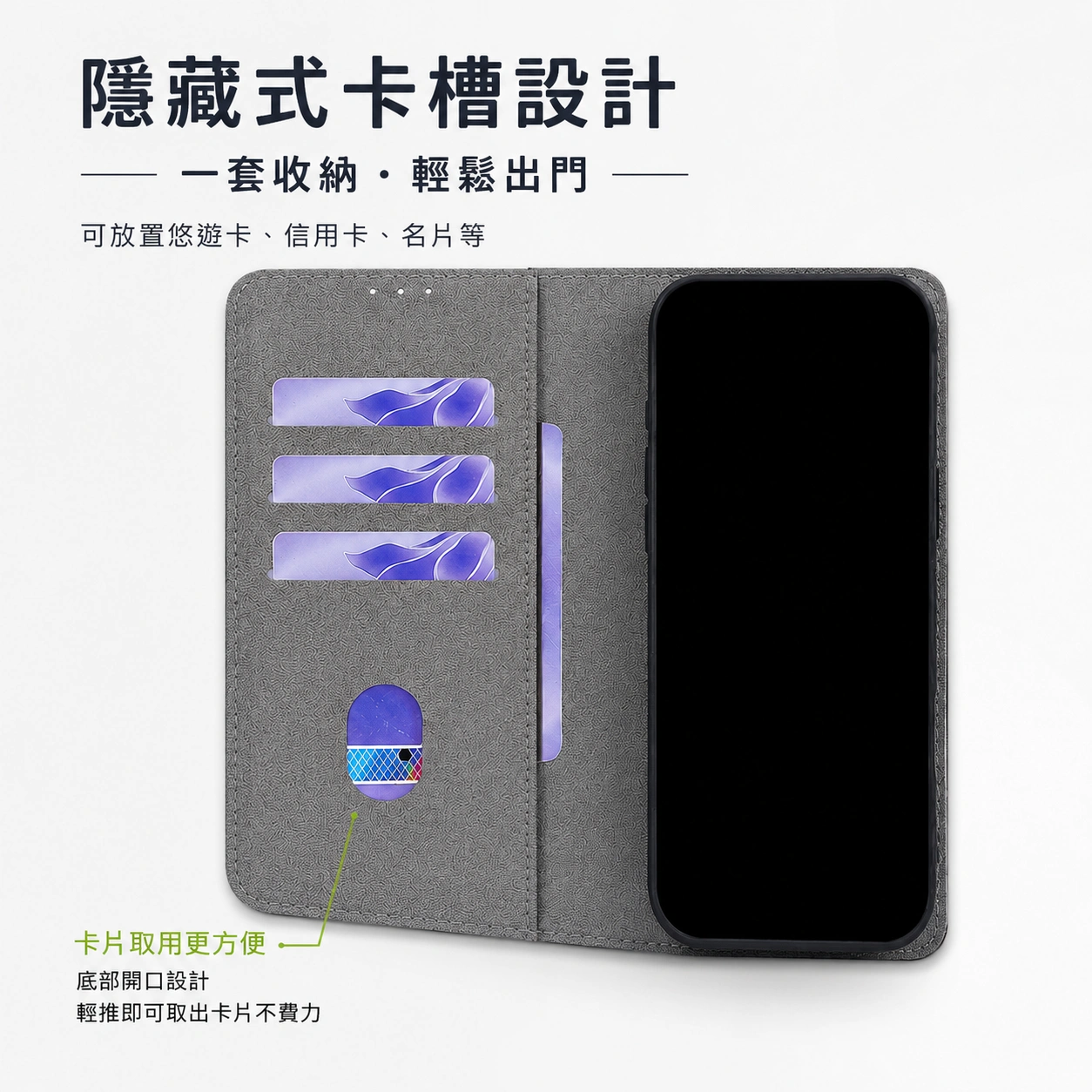 客製化 PU 皮革翻蓋卡夾手機殼,可印製照片、插畫或 AI 圖,具備卡槽收納、柔軟 TPU 內殼與橫向支架功能。