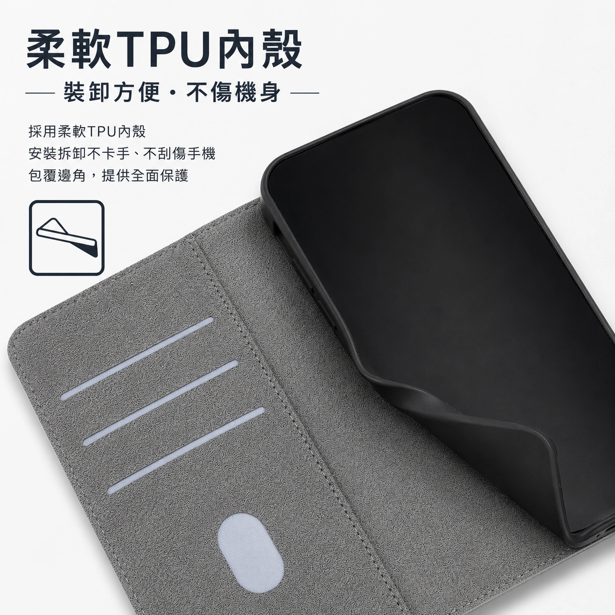 客製化 PU 皮革翻蓋卡夾手機殼,可印製照片、插畫或 AI 圖,具備卡槽收納、柔軟 TPU 內殼與橫向支架功能。