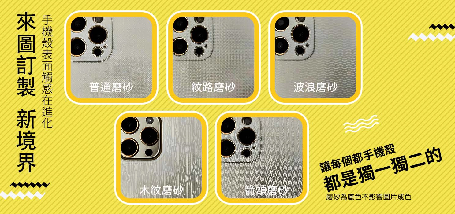 手機殼磨砂質感展示：普通磨砂、紋路磨砂、波浪磨砂、木紋磨砂、箭頭磨砂