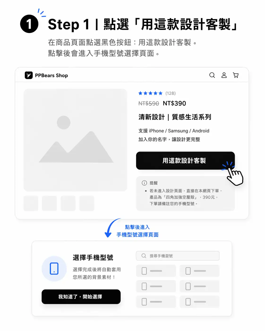 步驟1：在商品頁點選「用這款設計客製」，進入手機型號選擇頁面。