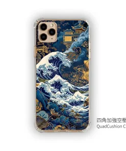 蒼金浮世 A040 和風海浪風格客製化手機殼｜四角加強防摔透明＋UV 高解析印刷