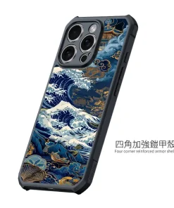 蒼金浮世 A040 和風海浪風格客製化手機殼｜四角加強防摔透明＋UV 高解析印刷