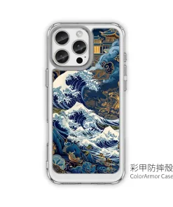 蒼金浮世 A040 和風海浪風格客製化手機殼｜四角加強防摔透明＋UV 高解析印刷