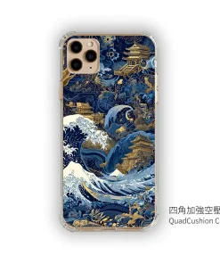 蒼金浮世 A041 和風海浪風格彩甲防摔 客製化手機殼｜藍金描紋＋UV 高解析印刷