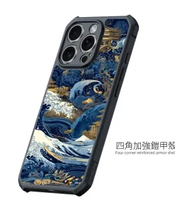 蒼金浮世 A041 和風海浪風格彩甲防摔 客製化手機殼｜藍金描紋＋UV 高解析印刷