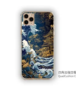 蒼金浮世 A042 和風海浪風格客製化手機殼｜四角防摔透明＋UV 高解析印刷
