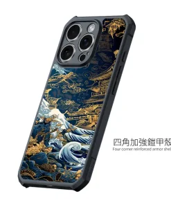 蒼金浮世 A042 和風海浪風格客製化手機殼｜四角防摔透明＋UV 高解析印刷