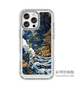 蒼金浮世 A042 和風海浪風格客製化手機殼｜四角防摔透明＋UV 高解析印刷