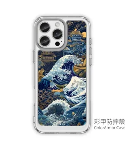 蒼金浮世 A043 和風海浪 彩甲防摔 客製化手機殼｜藍金描紋＋UV 高解析印刷