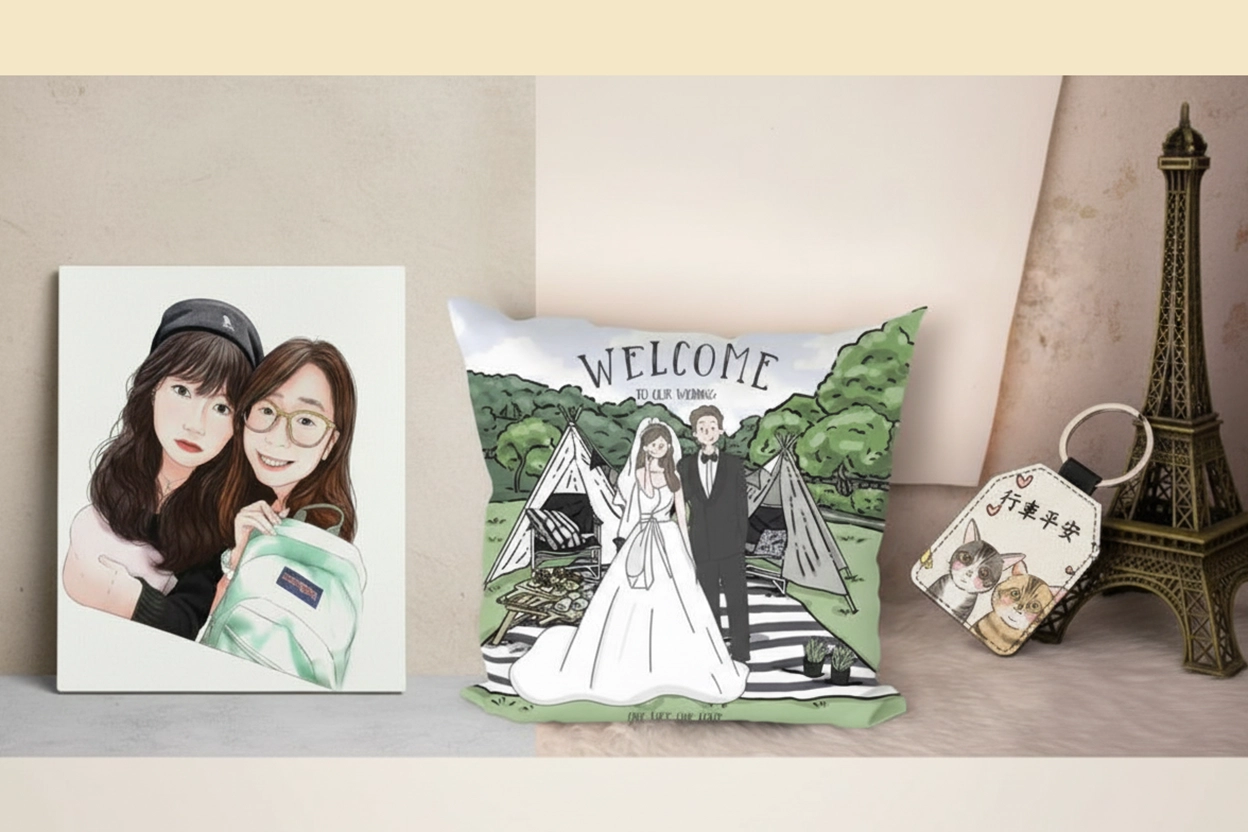 PPBears 似顏繪禮物，專屬似顏繪設計應用於畫布、抱枕、鑰匙圈等客製化商品