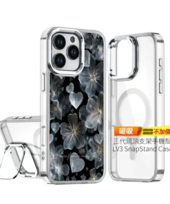 銀光花語 E073 銀色花朵 愛心 星芒 四角加強鎧甲 客製化手機殼｜金屬線條半透明質感