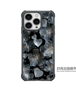 銀光花語 E073 銀色花朵 愛心 星芒 四角加強鎧甲 客製化手機殼｜金屬線條半透明質感