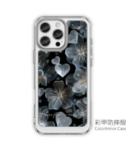 銀光花語 E073 銀色花朵 愛心 星芒 四角加強鎧甲 客製化手機殼｜金屬線條半透明質感