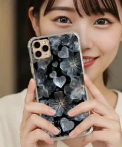 銀光花語 E073 銀色花朵 愛心 星芒 四角加強鎧甲 客製化手機殼｜金屬線條半透明質感