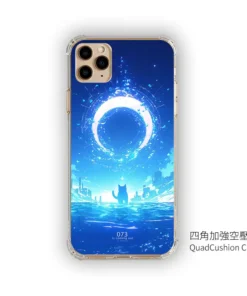 海境環月 L093 奇幻插畫風 客製化手機殼｜環月光環×海面城市×黑貓剪影｜四角防摔透明＋UV 高解析
