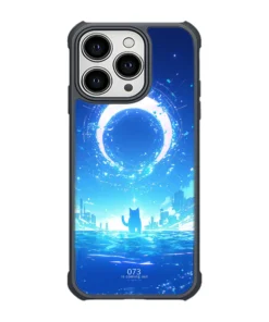 海境環月 L093 奇幻插畫風 客製化手機殼｜環月光環×海面城市×黑貓剪影｜四角防摔透明＋UV 高解析