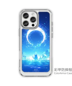 海境環月 L093 奇幻插畫風 客製化手機殼｜環月光環×海面城市×黑貓剪影｜四角防摔透明＋UV 高解析