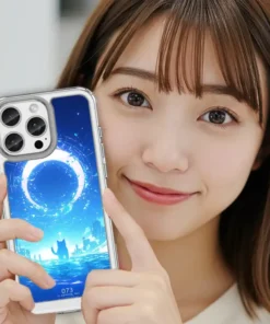 海境環月 L093 奇幻插畫風 客製化手機殼｜環月光環×海面城市×黑貓剪影｜四角防摔透明＋UV 高解析