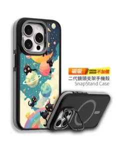 黑喵星球派對 C168 可愛插畫 彩甲防摔 客製化手機殼｜黑貓×行星×彎月×彩虹