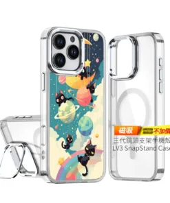 黑喵星球派對 C168 可愛插畫 彩甲防摔 客製化手機殼｜黑貓×行星×彎月×彩虹