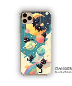 黑喵星球派對 C168 可愛插畫 彩甲防摔 客製化手機殼｜黑貓×行星×彎月×彩虹