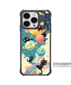 黑喵星球派對 C168 可愛插畫 彩甲防摔 客製化手機殼｜黑貓×行星×彎月×彩虹