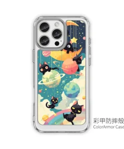 黑喵星球派對 C168 可愛插畫 彩甲防摔 客製化手機殼｜黑貓×行星×彎月×彩虹