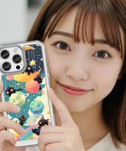黑喵星球派對 C168 可愛插畫 彩甲防摔 客製化手機殼｜黑貓×行星×彎月×彩虹