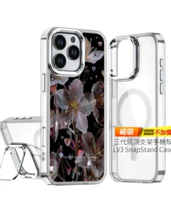 幻彩夜花 E075 四角加強空壓 客製化手機殼|虹彩金屬花朵×水晶愛心 黑底