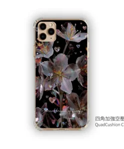 幻彩夜花 E075 四角加強空壓 客製化手機殼|虹彩金屬花朵×水晶愛心 黑底