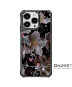 幻彩夜花 E075 四角加強空壓 客製化手機殼|虹彩金屬花朵×水晶愛心 黑底