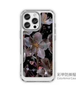 幻彩夜花 E075 四角加強空壓 客製化手機殼|虹彩金屬花朵×水晶愛心 黑底