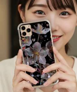幻彩夜花 E075 四角加強空壓 客製化手機殼｜虹彩金屬花朵×水晶愛心 黑底