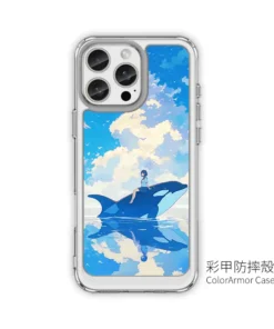 晴空馭鯨 L091 療癒插畫風 客製化手機殼|少女與虎鯨、雲海倒影|四角防摔透明+UV 高解析