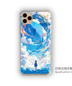 晴空雲渦 L098 清爽插畫 彩甲防摔 客製化手機殼|雲層漩渦×藍天×少女剪影|UV 高解析