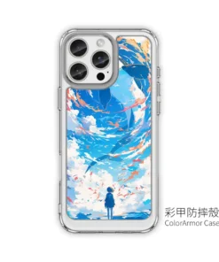 晴空雲渦 L098 清爽插畫 彩甲防摔 客製化手機殼|雲層漩渦×藍天×少女剪影|UV 高解析