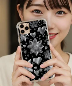 霧銀星綻 E076 三代鏡頭支架 MagSafe 客製化手機殼｜霧銀花朵 愛心 星點 黑底