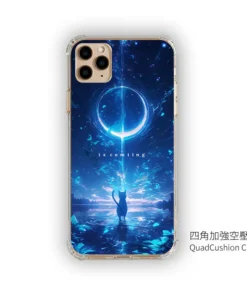 弦月降臨 L095 奇幻插畫 彩甲防摔 客製化手機殼｜弦月光輪×貓咪剪影×藍色水面