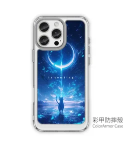 弦月降臨 L095 奇幻插畫 彩甲防摔 客製化手機殼｜弦月光輪×貓咪剪影×藍色水面