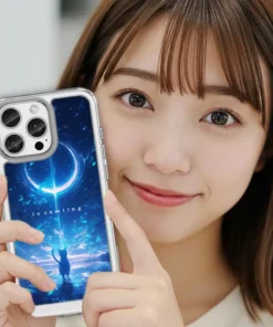 弦月降臨 L095 奇幻插畫 彩甲防摔 客製化手機殼｜弦月光輪×貓咪剪影×藍色水面