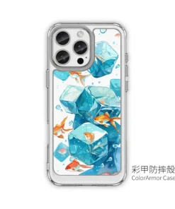 PPBears 客製化手機殼 - 冰海小冒險系列，藍色清涼冰晶與海洋幾何設計防摔殼