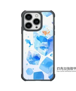 PPBears 客製化手機殼 - 冰海小冒險系列，藍色清涼冰晶與海洋幾何設計防摔殼