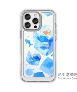 PPBears 客製化手機殼 - 冰海小冒險系列，藍色清涼冰晶與海洋幾何設計防摔殼