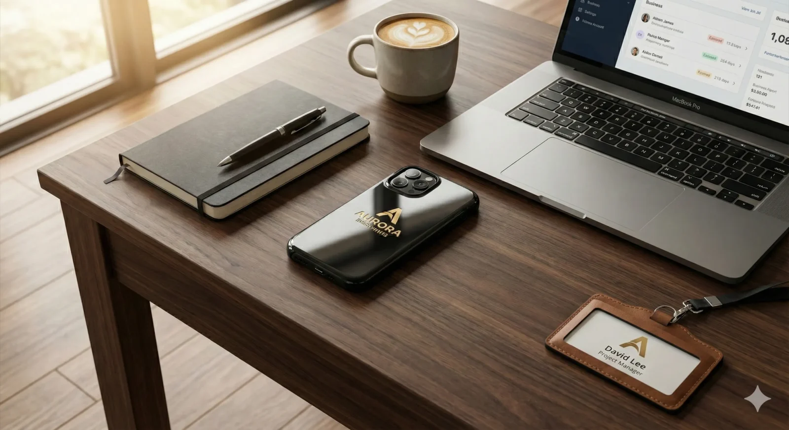 企業 Logo 客製化手機殼實拍：放置於商務辦公桌上，搭配筆記本與筆電，展示公司品牌形象識別證與專屬禮贈品質感。
