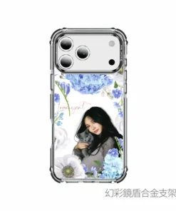 iphone手機殼示意圖，結合花卉拼貼設計與個人照片，可加入名字或文字，情感風格手機殼推薦款式