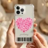 iphone手機殼 透明防摔客製化手機殼示意圖，可更換底色或透明設計，支援名字文字客製與條碼元素，情感紀念風格手機殼推薦