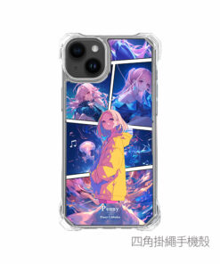 客製化動漫風格拼貼手機殼範例，包含多張照片排版、專屬名字、日期與電子發票載具條碼整合設計。