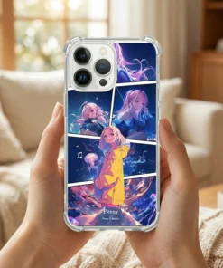 客製化動漫風格拼貼手機殼範例，包含多張照片排版、專屬名字、日期與電子發票載具條碼整合設計。