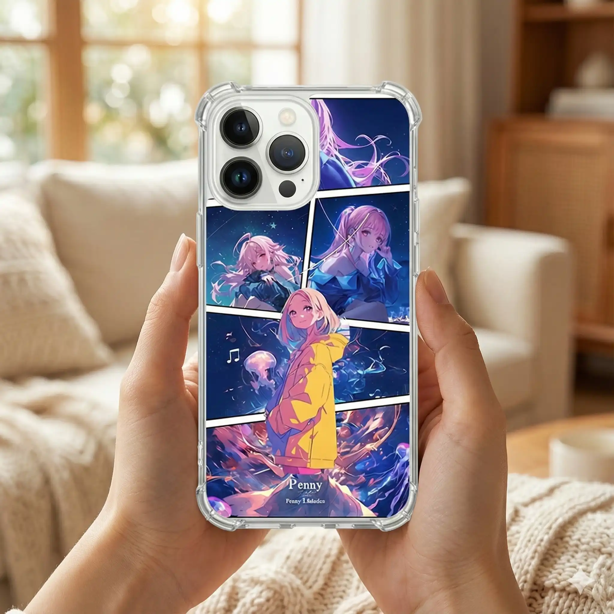 iphone手動漫拼貼風客製化手機殼-支援載具條碼與多圖排版 | 創意PP熊|客製化手機殼專家 客製化動漫風格拼貼手機殼範例,包含多張照片排版、專屬名字、日期與電子發票載具條碼整合設計。