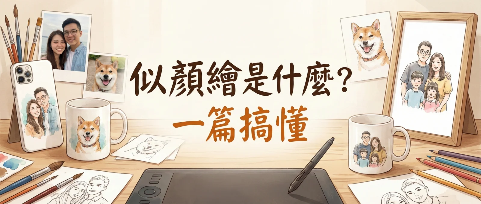 似顏繪是什麼？一篇搞懂似顏繪客製化服務。圖片展示多款似顏繪應用商品，包含手機殼、無框畫與馬克杯。